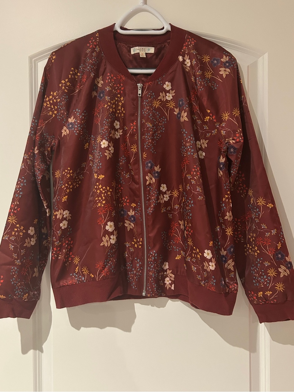 love, Fire Burgundy Floral Bomber Jacket